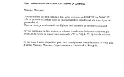 Avis de passage Géomètre du cadastre Commune de Cornillon-Confoux